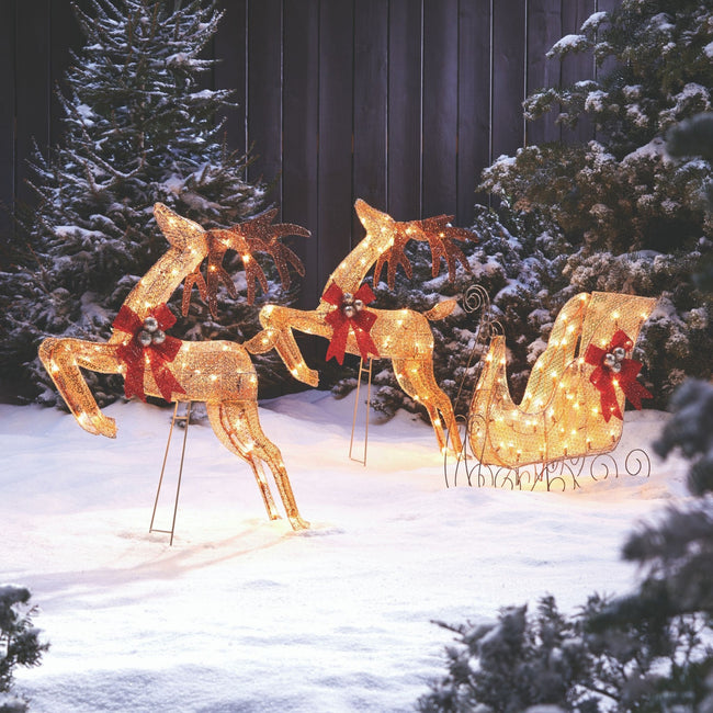 technology-Golden Reindeer & Sleigh Pre-Lit Christmas Lawn Décor - Warm White