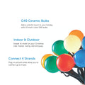 3 Feature Call Outs Diagonally Across Center of Image. G40 Multi-Color Ceramic Globe Bulbs on Right Side. White Background