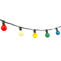 5 Multi-Color G40 Ceramic Globe Bulbs Hanging on String Across Center of the Image. White Background