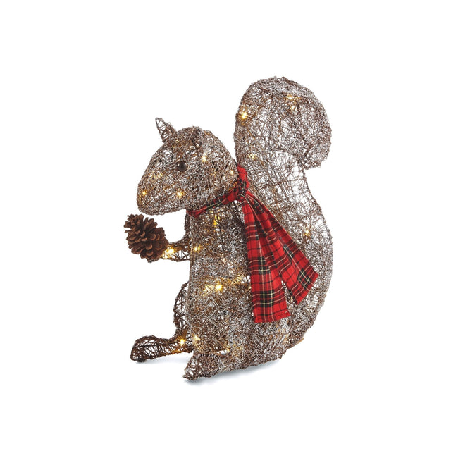 NOMA 20-inch Pre-Lit Frosted Squirrel with Acorn, Red Scarf and 50 Warm White LED Bulbs. White Background.