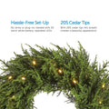 2 Feature Call Outs on Upper Half of Image. Close-Up of Cedar Wreath on Bottom Half. White Background