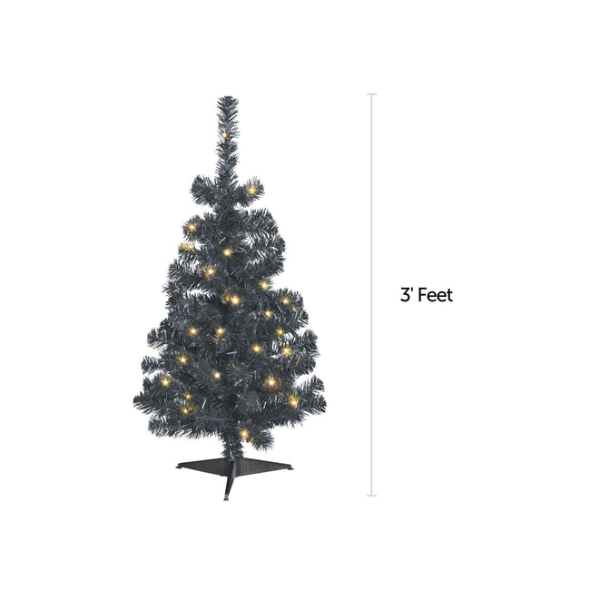 NOMA 3 Ft Black Table Top Tree with Warm White Lights With Measurement Line on Right indicating 3 Feet. White Background