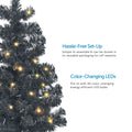 Black Table Top Tree with Warm White Lights on Left. 2 Feature Call Outs on Right. White Background