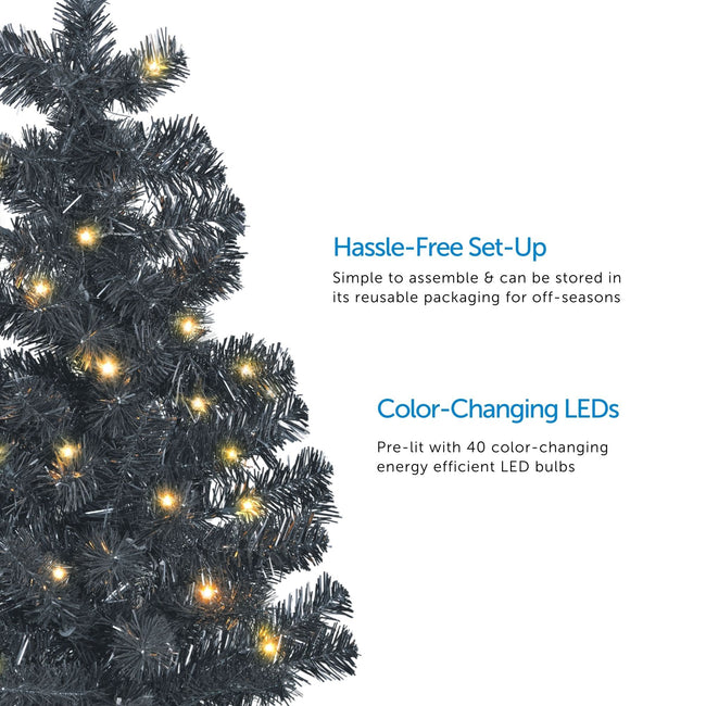 Black Table Top Tree with Warm White Lights on Left. 2 Feature Call Outs on Right. White Background