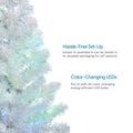 White Table Top Tree with Warm White Lights on Left. 2 Feature Call Outs on Right. White Background