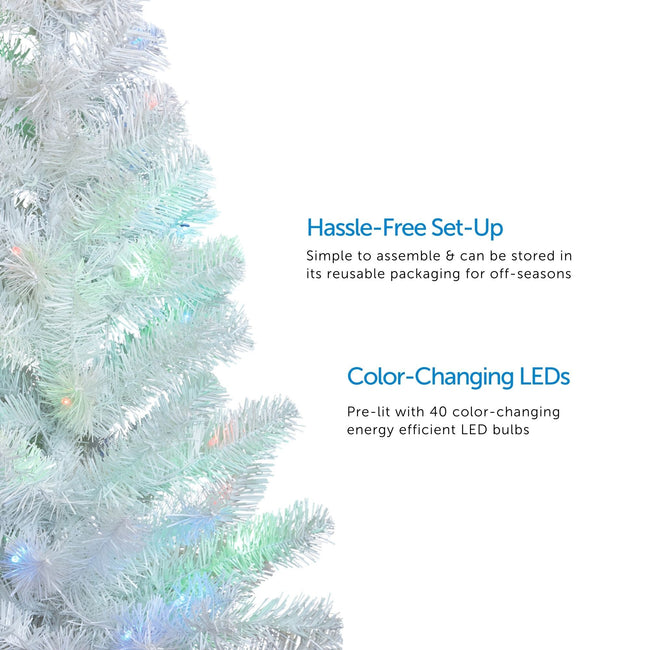 White Table Top Tree with Warm White Lights on Left. 2 Feature Call Outs on Right. White Background