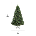 NOMA 6.5 Ft Kawartha Pine Christmas Tree with 200 Warm White LED Lights. Horizontal and Vertical Lines Indicating Tree Measurements. White Background.