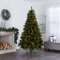 Henry Fir Christmas Tree with Warm White Lights, in Living Room In Front of Fireplace. Fireplace Decorated with Garland and Wreath Above on Wall, Giftboxes to Right of the Tree on Ottoman.