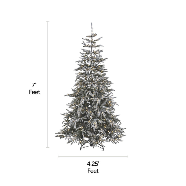 NOMA 7 Ft Snow Dusted Alpine Christmas Tree with 650 Micro-Brite LED Lights. Horizontal and Vertical Lines Indicating Tree Measurements. White Background.