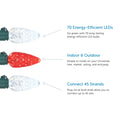 NOMA C6 String Lights Feature Call Out. 3 Features listed on a White Background with 1 Red and 2 White Bulbs on left hand side