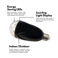 feature call-outs on projector on LED bulbs, swirling light display and indoor/outdoor versatility