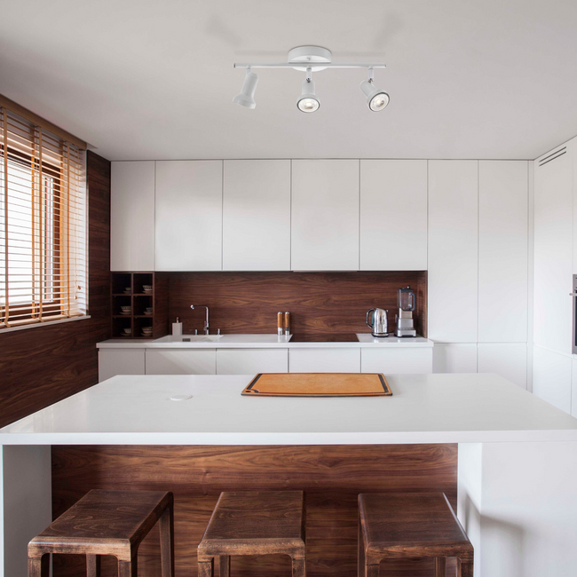 Brown and Tan Kitchen/Living space with the Summerhill Track Lighting Kit hanging above