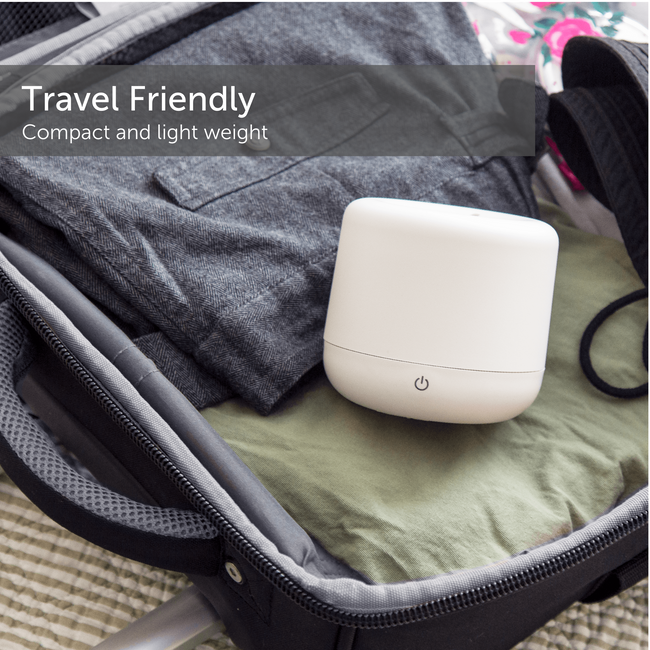 Small ultrasonic humidifier resting in a travel friendly suitcase