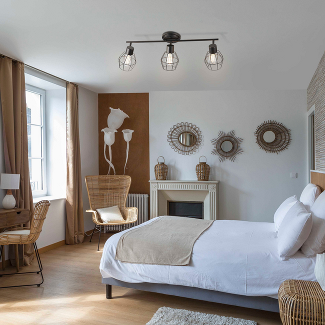 Brown and White Bedroom with the Keele Track Lighting Kit hanging above