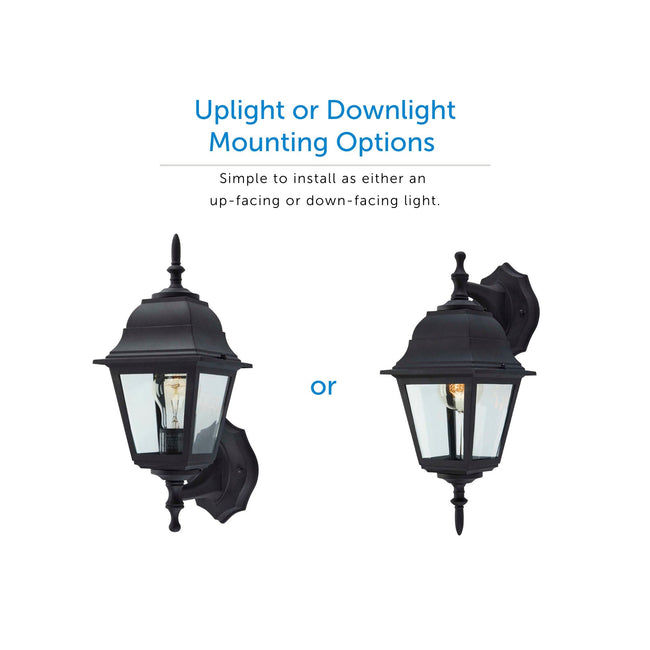 Two different images of the wall lanterns on a white background. One is facing upwards and one is facing downwards 