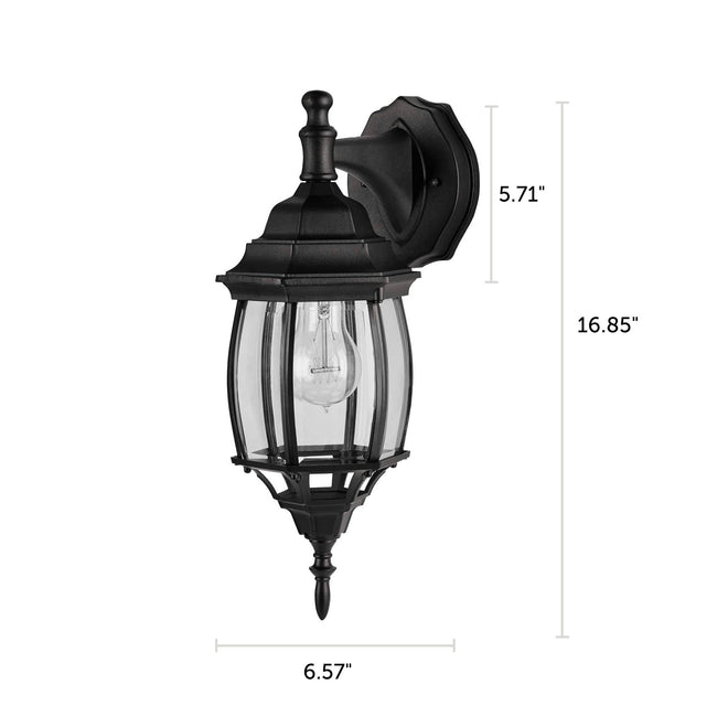 Nobela Outdoor Wall Lantern / Sconce Waterproof Down-Facing Light - Black with dimensions of 16.85" x 6.57" 