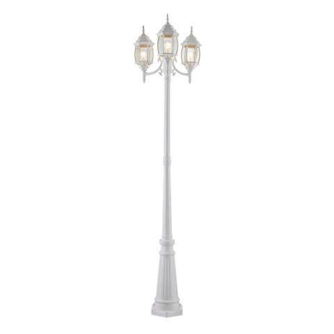 White outdoor 3 headed lamp post