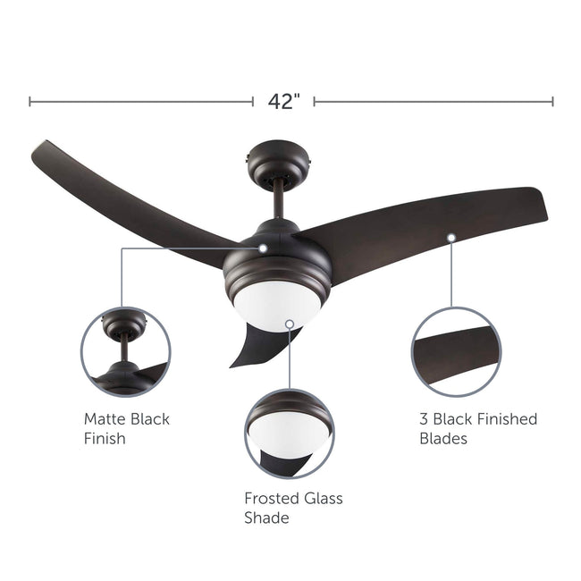 Contemporary Ceiling Fan with Dimmable Light - 3 Blades - Black with feature call-outs on finish, glass shade and blades