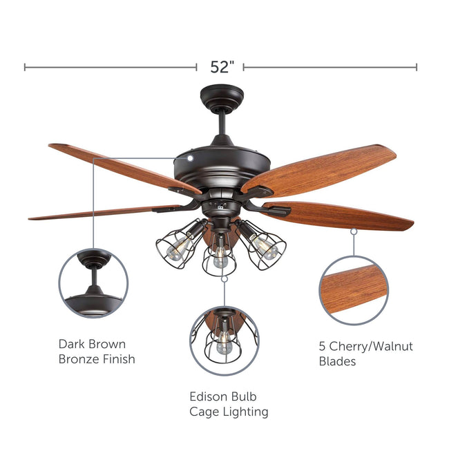 Gunnar Ceiling Fan feature callouts with bronze finish, edison bulb cage lighting and blade material