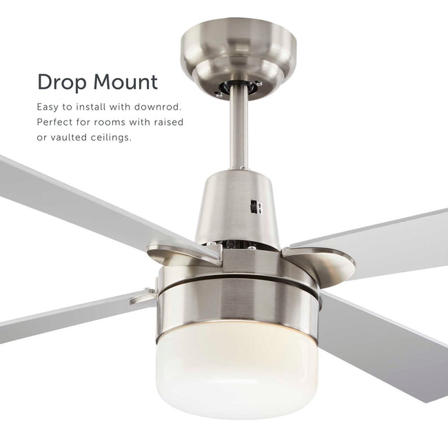 Leon Ceiling Fan with Dimmable Light - 4 Blade - Silver & Nickel as a drop mount 