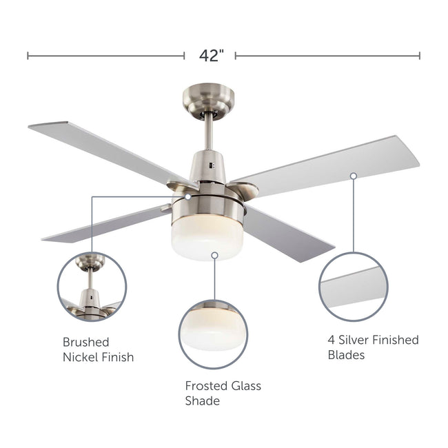 Leon Ceiling Fan with Dimmable Light - 4 Blade - Silver & Nickel feature call-outs on finish, shade and blades