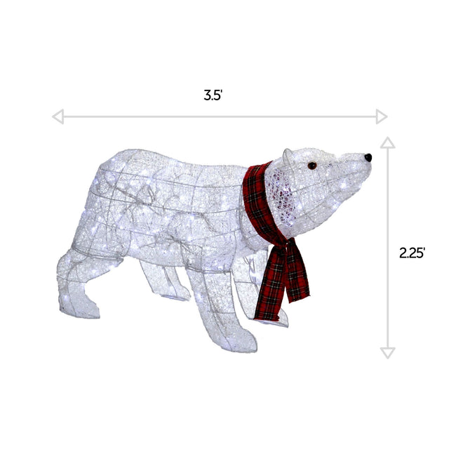 NOMA 2.25 Ft Pre-Lit Polar Bear with Red Scarf and Pure White Lights. Horizontal and Vertical Lines Indicating Measurements of Polar Bear. White Background.