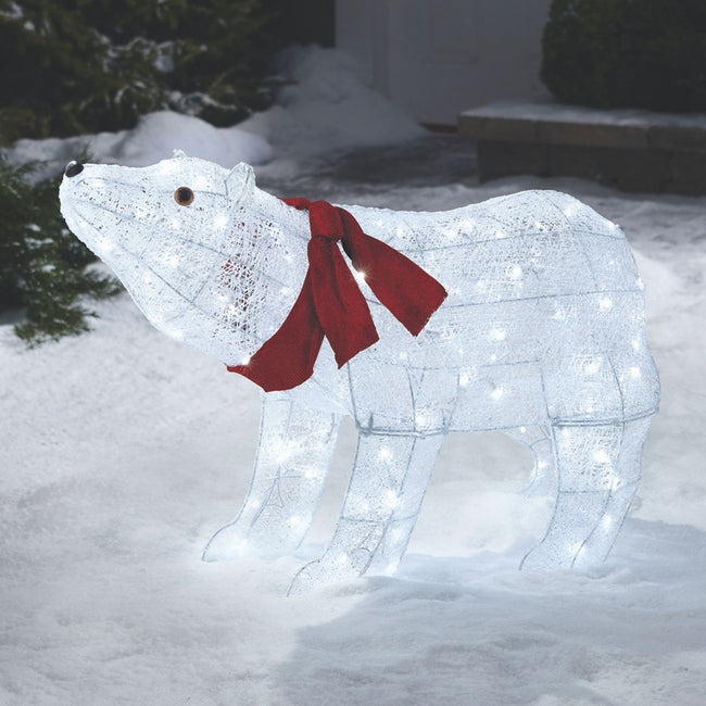 NOMA 2.25 Ft Pre-Lit Polar Bear with Red Scarf and 120 Pure White Lights. Polar Bear is Outdoors on Snow Covered Lawn 