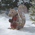 Close-Up of Frosted Squirrel with Acorn and Red Scarf, Outdoors on Snow. Trees Visible in Background.