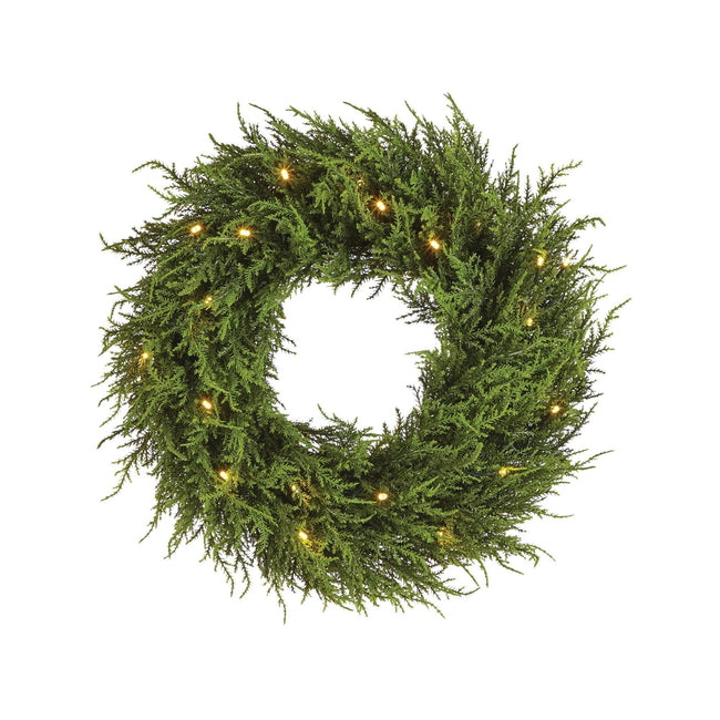 NOMA 24-inch Pre-Lit Cedar Christmas Wreath with Warm White Bulbs. White Background