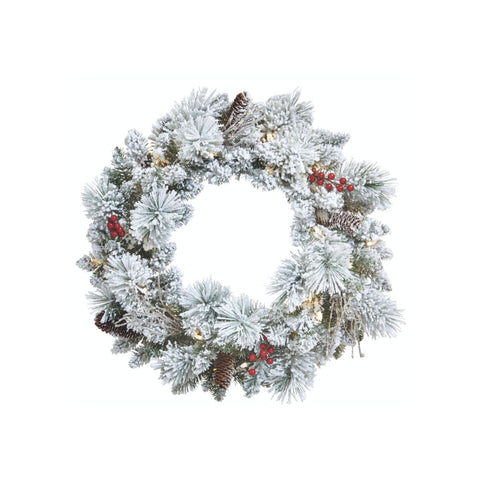 NOMA 24-Inch Snow Dusted Berry Wreath with Lights. White Background
