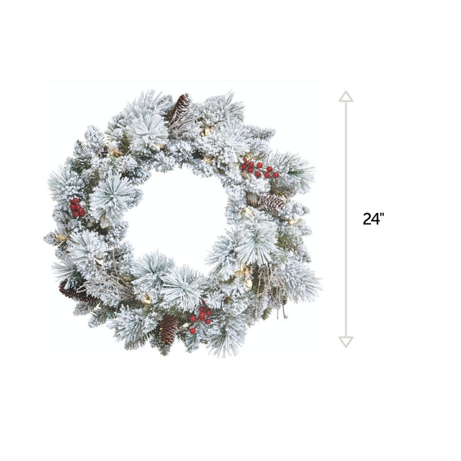 Snow Dusted Berry Wreath. Vertical Line on Right Side Indicating 24-Inch Measurement. White Background