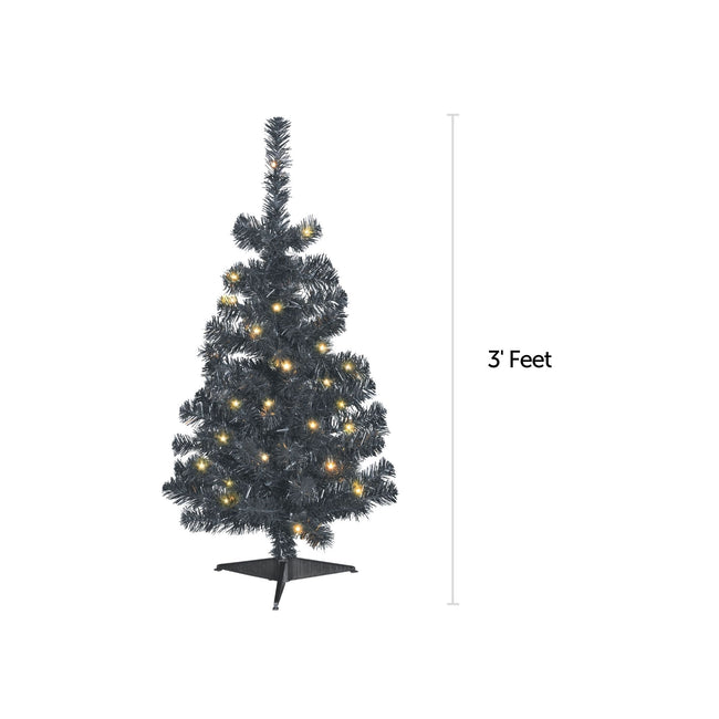 NOMA 3 Ft Black Table Top Tree with Warm White Lights With Measurement Line on Right indicating 3 Feet. White Background 