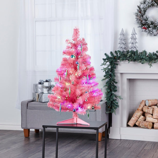 technology-Pink Table Top 3-Ft Christmas Tree - White/Multi-Color LED Lights