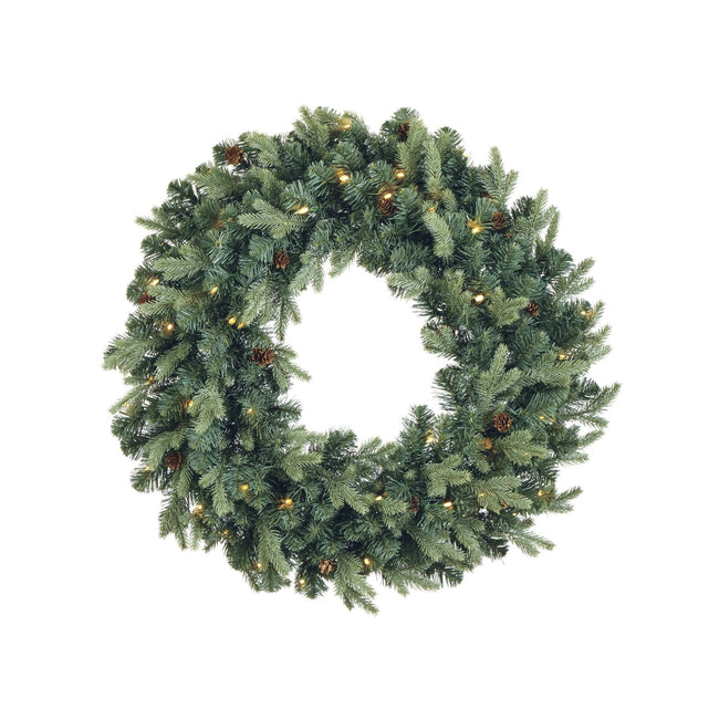 NOMA Mini Pinecone Wreath with Warm White Lights on White Background