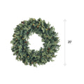 NOMA Mini Pinecone Wreath with Warm White Lights. Vertical Line on Right Side Indicating 20-Inch Length. White Background