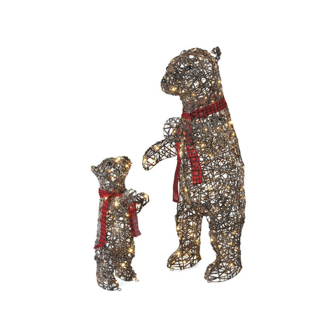NOMA Pre-Lit Mom & Baby Bear with Red Scarves - 200 & 70 Warm White LED Lights.. White Background.