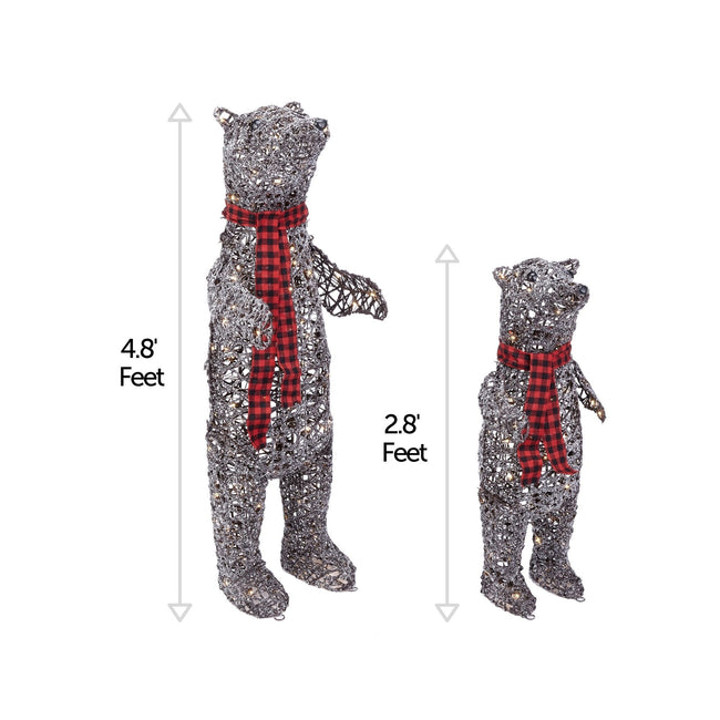 NOMA Pre-Lit Mom & Baby Bear with Red Scarves - 200 & 70 Warm White LED Lights. Vertical Lines Beside Each Bear Indicating Height Measurements. White Background.