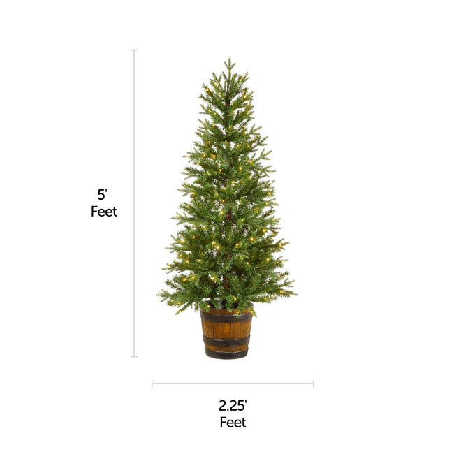 NOMA 5 Ft Arctic Spruce Potted Christmas Tree with a horizontal and vertical indicating size measurements. White Background 