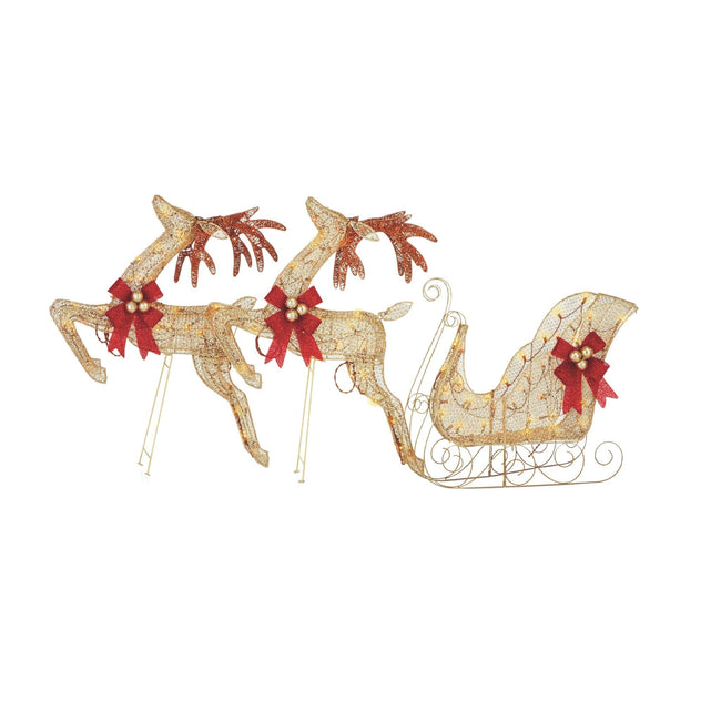 NOMA Pre-Lit Golden Reindeer and Sleigh, 3 Pack - 70 Incandescent Warm White Lights. White Background. 