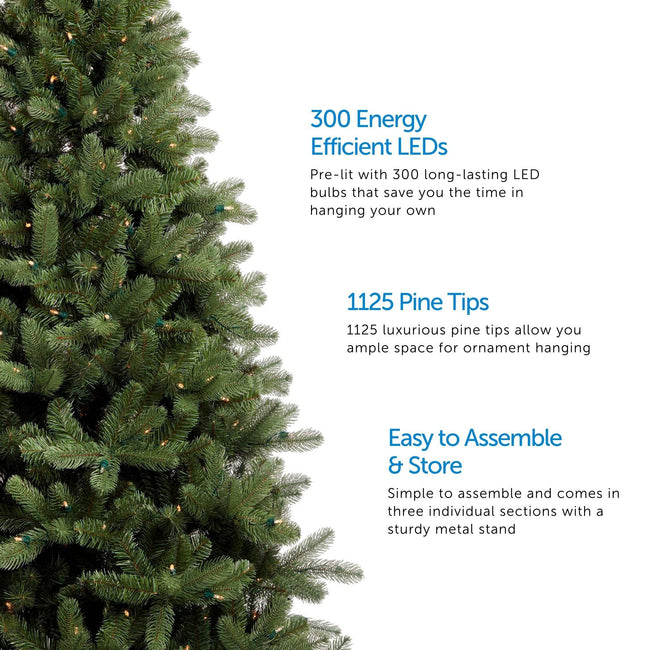 Close-Up of Hudson Spruce Christmas Tree on Left Side of Image. 3 Feature Call Outs on Right Side. White Background