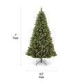 NOMA 7 Ft Henry Fir Christmas Tree with Warm White Lights. Horizontal and Vertical Lines Indicating Tree Measurements. White Background.
