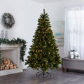 Henry Fir Christmas Tree with Warm White Lights,  in Living Room In Front of Fireplace. Fireplace Decorated with Garland and Wreath Above on Wall, Giftboxes to Right of the Tree on Ottoman.