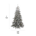 NOMA 7 Ft Snow Dusted Alpine Christmas Tree with 650 Micro-Brite LED Lights. Horizontal and Vertical Lines Indicating Tree Measurements. White Background.