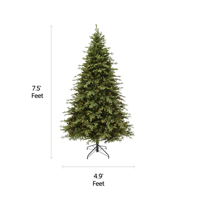 NOMW 7.5 Ft Appalachian Pine Christmas Tree with 600 Color Changing Lights. Horizontal and Vertical Lines Indicating Tree Measurements. White Background