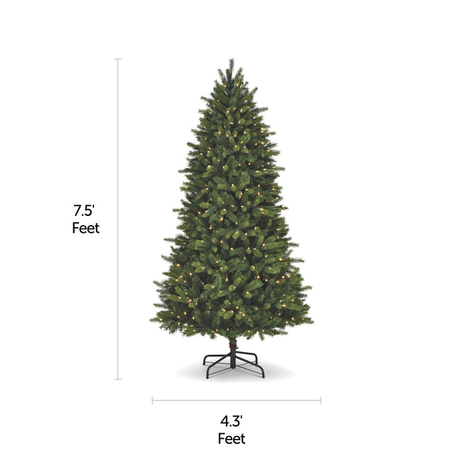 NOMA 7.5 Ft Colorado Pine Christmas Tree with Warm White LED Lights. Horizontal and Vertical Lines Indicating Tree Measurements. White Background
