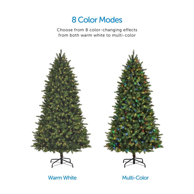 Color Mode Feature Call Out, Top Center of Page. Two Colorado Pine Tree Images in Center one Depicting Warm White Lights, The Other with Multi-Color Lights. White Background