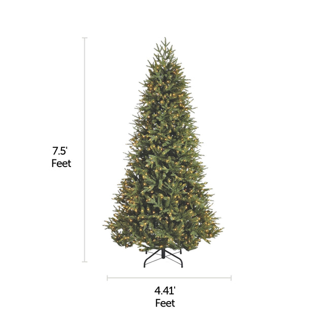 NOMA 7.5 Ft Piedmont Fir Christmas Tree with 1000 Micro-Brite LED Lights. Horizontal and Vertical Lines Indicating Tree Measurements. White Background