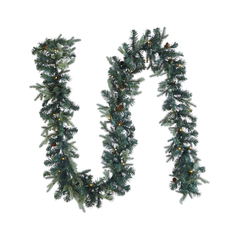 NOMA 9 Ft Garland Mini Pinecone with Lights. Garland is in a Sideways S "Tilde" Shape. White Background