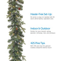 Mini Pinecone Garland on Left Side of Image. 3 Feature Call Outs on Right Side of Image. White Background