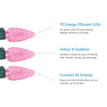 NOMA C6 String Lights Feature Call Out. 3 Features listed on a White Background with 3 Pink Bulbs on left hand side